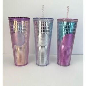 (3) Starbucks Platinum Silver Grid Disco Holiday 2020 Cold Cup Tumbler Christmas